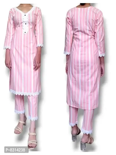 Stylish Khadi Cotton Striped 3/4 Sleeves Kurta With Pant Set For Women