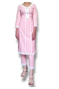 Stylish Khadi Cotton Striped 3/4 Sleeves Kurta With Bottom Set For Women-thumb2