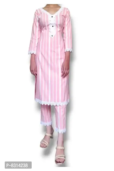 Stylish Khadi Cotton Striped 3/4 Sleeves Kurta With Bottom Set For Women-thumb3