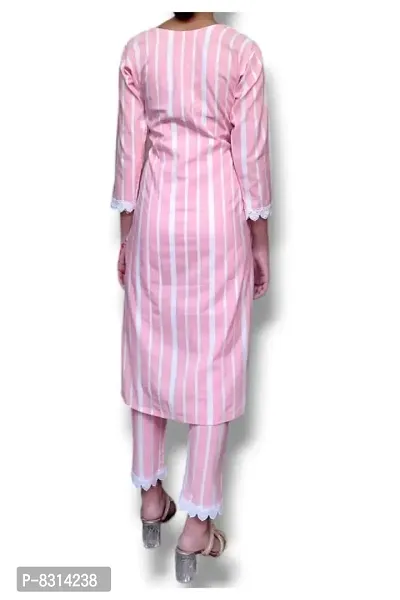 Stylish Khadi Cotton Striped 3/4 Sleeves Kurta With Bottom Set For Women-thumb4