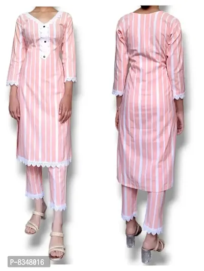 Stylish Fancy Khadi Cotton Three-Quarter Sleeves Striped Kurti With Pant Set For Women