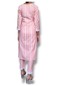 Stylish Fancy Khadi Cotton Three-Quarter Sleeves Striped Kurti With Bottom Set For Women-thumb1