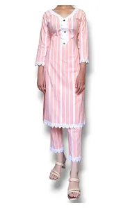 Stylish Fancy Khadi Cotton Three-Quarter Sleeves Striped Kurti With Bottom Set For Women-thumb2