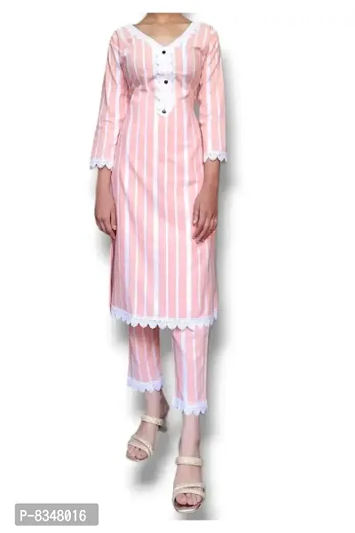 Stylish Fancy Khadi Cotton Three-Quarter Sleeves Striped Kurti With Bottom Set For Women-thumb3