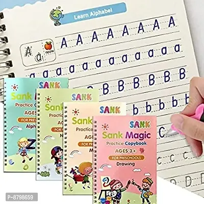 Magic Book for Kids (4 Books 1 Pen 1 Hand Grip 10 Refill) Calligraphy Practice Copy Self Deleting Text book Practice Hand Writing and Pen Using Skills Reusable Writing Text Book For Kids age 3+ (SIZE--thumb0