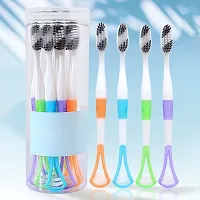 Gra8 2 In 1 Soft Toothbrush with Tongue Cleaner Toothbrush With Storage Box For Travelling Antibacterial Reusable Toothbrush And Tongue Cleaner Set For Kids Babies Women Men (8Pcs) (Multicolor)-thumb1