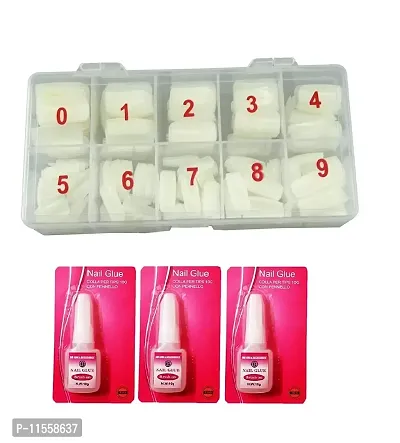 Boxed 500 Pcs French Long Acrylic False Artificial Natural Colour Nail Art Tips With 3 Bottles Nail Glue, White