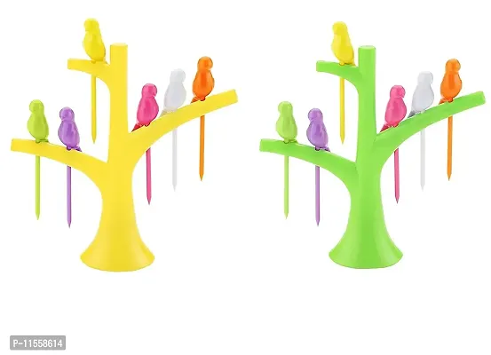 Shoppist Plastic Fruit Fork Set, 12-Pieces with 2 Stand, Creative Plastic Bird Shape On The Tree Fruit Fork, for Dessert Cake Dinnerware Party (Multicolour) (Fruit Folk)-thumb5