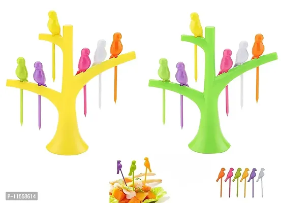 Shoppist Plastic Fruit Fork Set, 12-Pieces with 2 Stand, Creative Plastic Bird Shape On The Tree Fruit Fork, for Dessert Cake Dinnerware Party (Multicolour) (Fruit Folk)