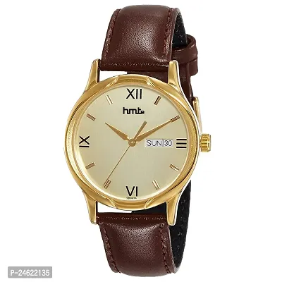 Stylish Golden Synthetic Leather Analog Watch For Men-thumb0