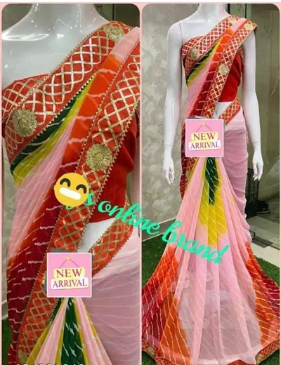 Georgette Multicolored Leheriya Gota Lace Border Sarees with Blouse Piece