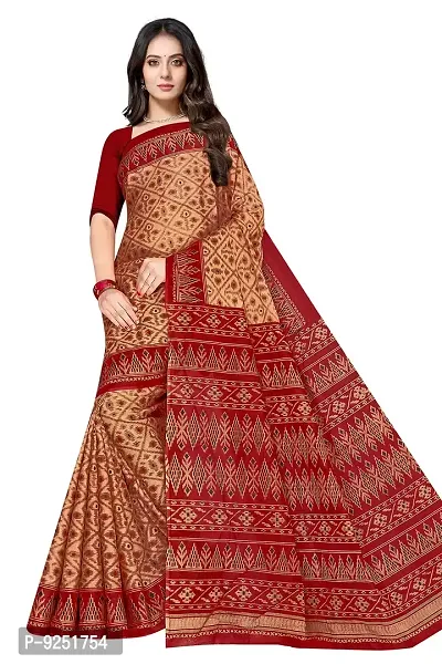 TAMAIRA FASHION Women's Plain Weave Pure Cotton Saree Without Blouse Piece(1362_BeigeandRed)