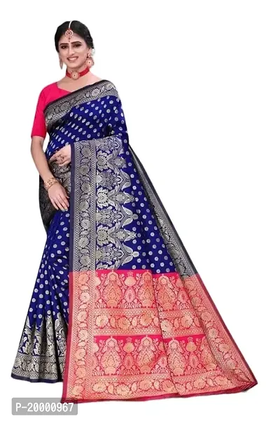 BGMK ENTERPRISE Women's Kanjivaram Soft Silk Saree With Blouse Piece (1.NavyBlue)