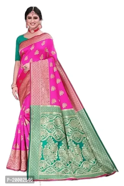 BGMK ENTERPRISE Women's Kanjivaram Soft Silk Saree With Blouse Piece (RaniPink)-thumb0