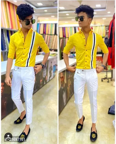 Fantastic Polycotton Yellow Printed Shirt And Trousers Set Fabric For Men-thumb0