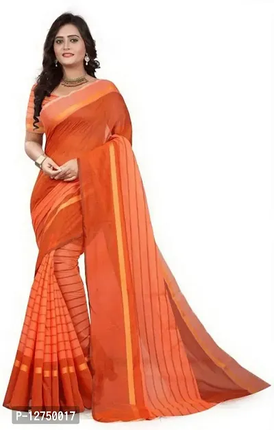 Kkrish Cotton Saree With Blouse Piece, Very light weight and Soft material (Orange)-thumb0