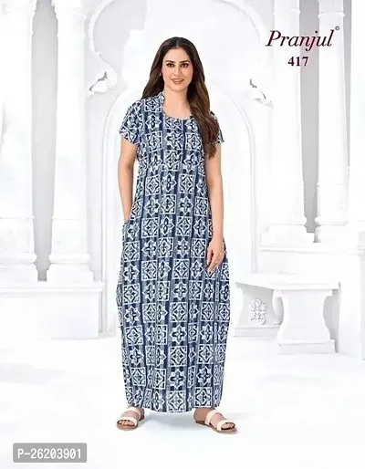 Elegant Blue Cotton Printed Nightdress For Women