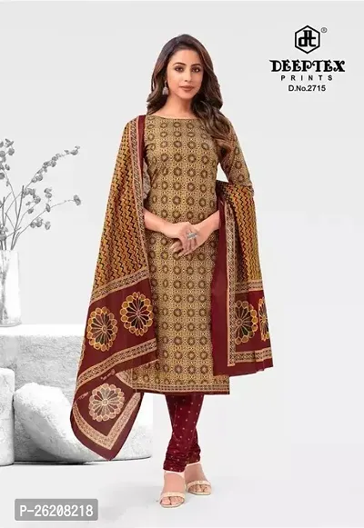 Elegant Beige Cotton Printed Dress Material with Dupatta For Women