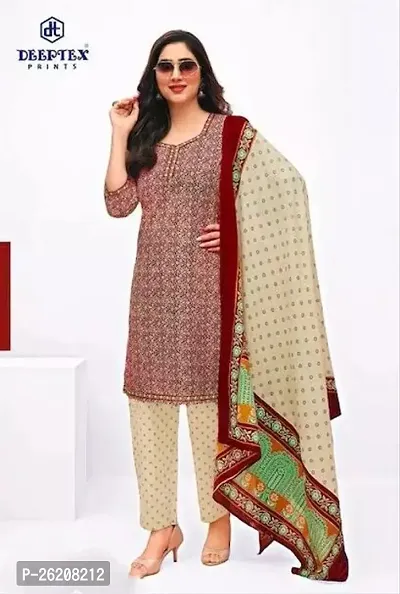 Elegant Brown Cotton Printed Dress Material with Dupatta For Women-thumb0