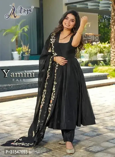 Beautiful Black Silk Embroidered Anarkali Kurta, Bottom And Dupatta Set For Women