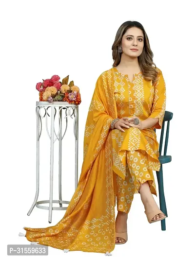 Stylish Yellow Printed Cotton Kurta Pant With Dupatta For Women-thumb0