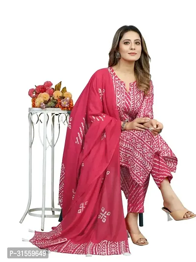 Stylish Red Printed Cotton Kurta Pant With Dupatta For Women-thumb0