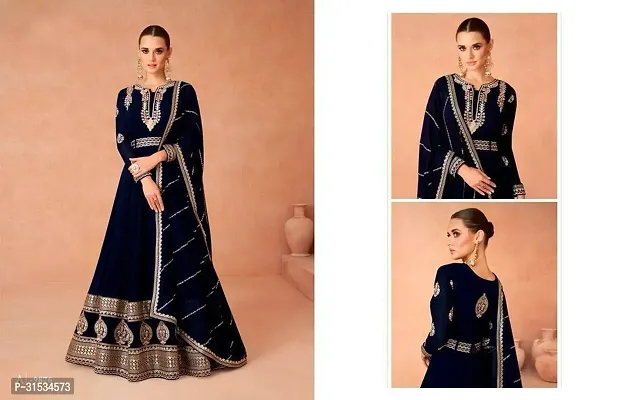 Elegant Navy Blue Georgette Embroidered Anarkali Kurta And Dupatta With Belt For Women-thumb0