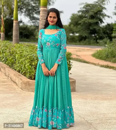 Stylish Green Georgette Printed Stitched Gown With Dupatta For Women-thumb0