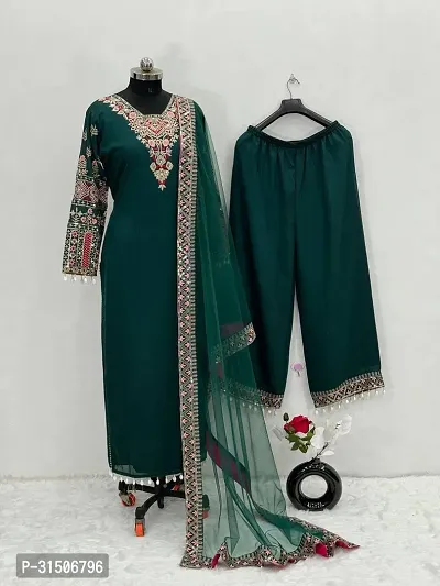 Stylish Green Art Silk Printed Kurta, Bottom and Dupatta Set For Women