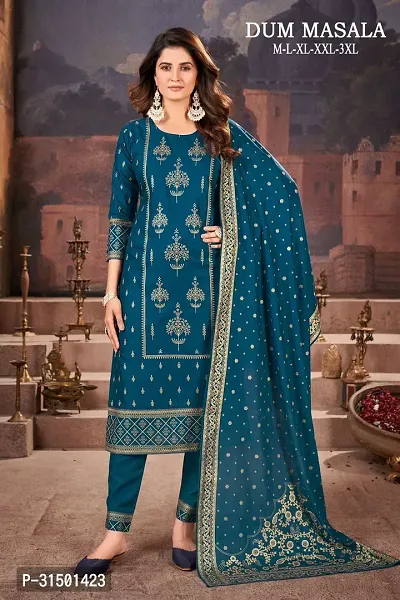 Stylish Blue Rayon Printed Kurta, Bottom and Dupatta Set For Women-thumb0