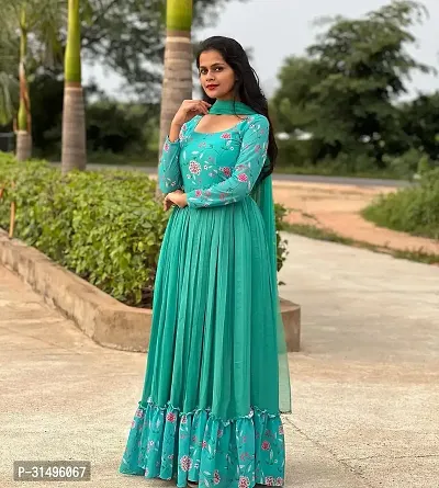 Stylish Green Georgette Printed Stitched Gown With Dupatta For Women-thumb5