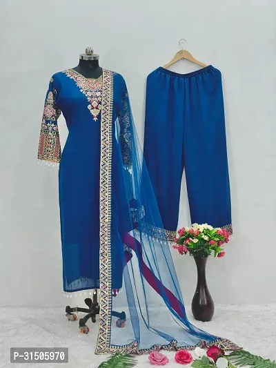 Stylish Blue Art Silk Printed Kurta, Bottom and Dupatta Set For Women