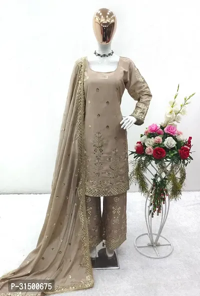 Elegant Pure Chinnon Silk Embroidered Sequence Kurta with Palazzo And Dupatta Set For Women-thumb0