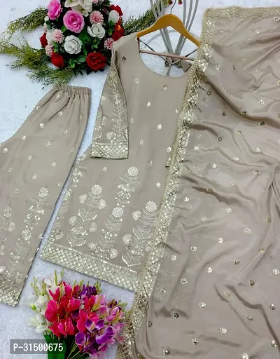 Elegant Pure Chinnon Silk Embroidered Sequence Kurta with Palazzo And Dupatta Set For Women-thumb5