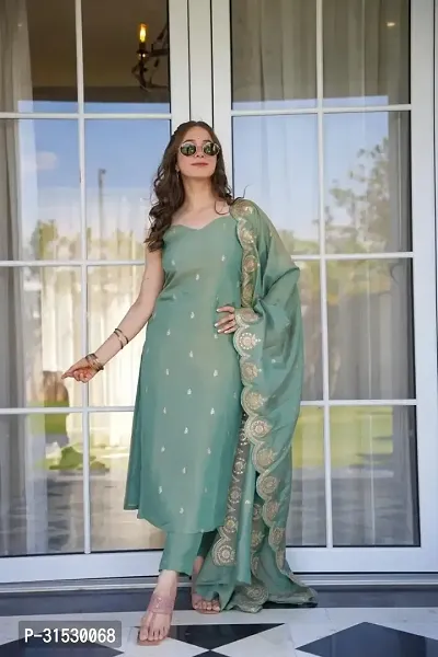 Stylish Green Silk Kurta, Bottom And Dupatta Set For Women