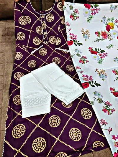 Women Stylish Rayon Printed Straihgt Kurta ,Bottom and Dupatta Set