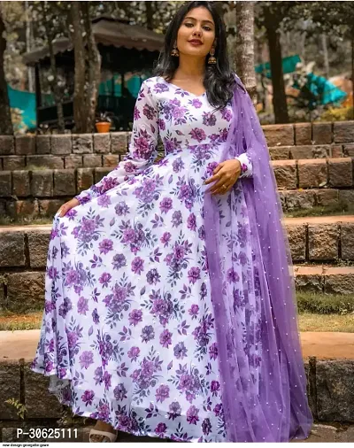 Stylish Purple Fox Georgette Printed Gown With Dupatta For Women-thumb0