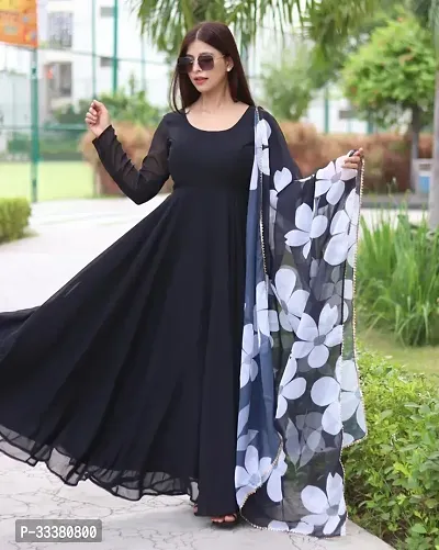 Plain Gorgette gowns with printed duptta-thumb0