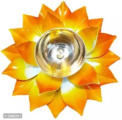 Premium Quality Brass And Iron Lotus Shape Yellow Color Akhand Diya-Table Deepak-Oil Lamp, Size - 6 Inch