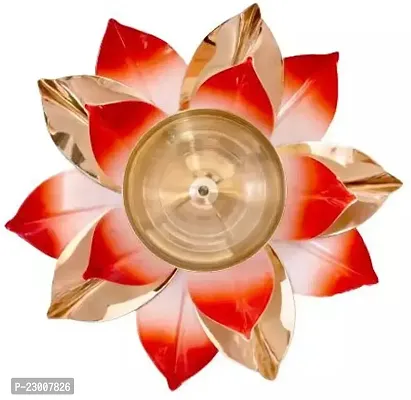 Premium Quality Lotus Design Brass Diya - Lotus Shaped Brass Deepak - Pooja Lamps - 5 Inches (Oranage, Set Of 1)-thumb0