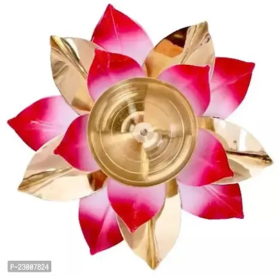 Premium Quality Lotus Design Brass Diya - Lotus Shaped Brass Deepak - Pooja Lamps - 5 Inches (Red, Set Of 1)-thumb0