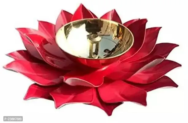 Premium Quality Brass And Iron Lotus Shape Red Color Akhand Diya-Table Deepak-Oil Lamp, Size - 6 Inch-thumb0