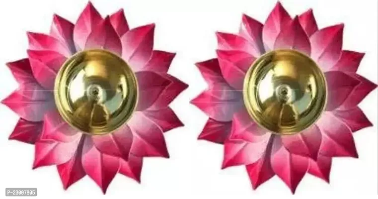 Premium Quality Lotus Design Brass Diya - Lotus Shaped Brass Deepak - 6 Inches (Pink Pack Of 2)-thumb0