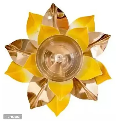 Premium Quality Lotus Design Brass Diya - Lotus Shaped Brass Deepak - Pooja Lamps - 5 Inches (Yellow, Set Of 1)