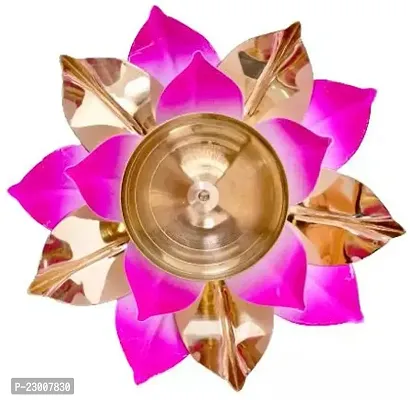 Premium Quality Lotus Design Brass Diya - Lotus Shaped Brass Deepak - Pooja Lamps - 5 Inches (Pink, Set Of 1)-thumb0