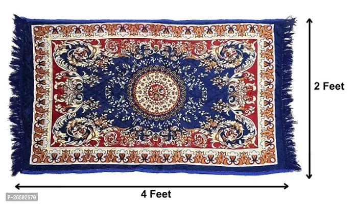 Traditional Blue Carpet Pooja Mat  Soft Velvet Material Maditation Prayer Mat Size 30 x 48 Inches-thumb4
