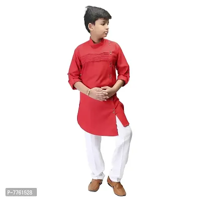 Qtsy Cotton Blend Ethnic Wear for Boy's Kurta Pajama Set Pleting Kurta for Kids Boy-Pleting Kurta_Red_07