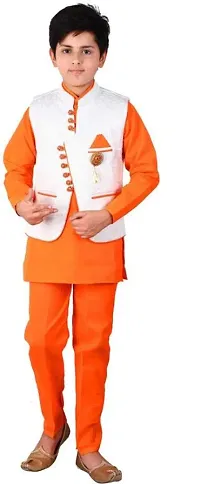 Qtsy Kids Ethnic Wear Cotton Kurta Pajama and Waistcoat Set For Boys