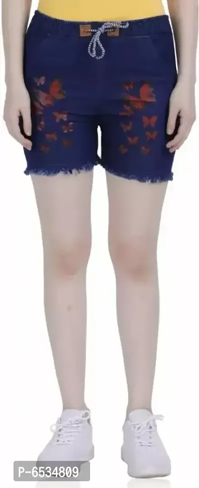 Printed Women Reversible Denim Blue Regular Shorts-thumb0