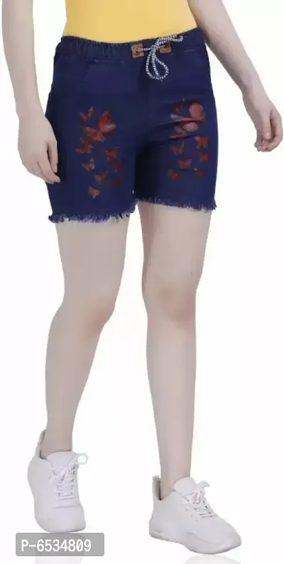 Printed Women Reversible Denim Blue Regular Shorts-thumb3